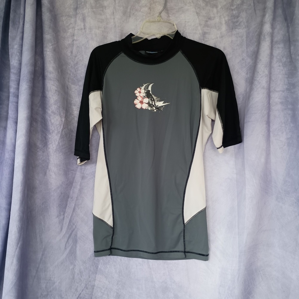 Kanu Floral Moon Rash Guard Swim Top Gray Black Colorblock Short‎ Sleeve Large